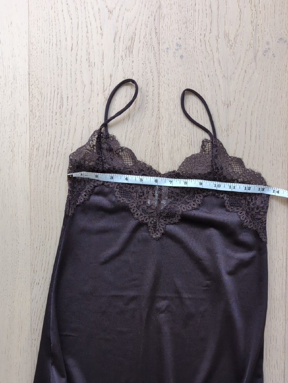 Satin Brown Lace-Trim Assymetrical Slip Dress - Picture 5 of 6